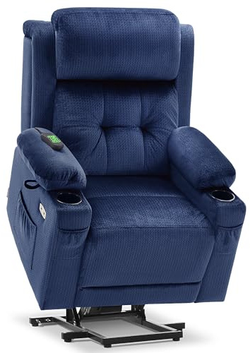 MCombo 3 Motor Riser and Recliner Chairs for Elderly, Large Electric Recliner Armchair, Adjustable Headrest, Infinite Position, Heat & Massage, Extended Footrest, Fabric 7662 (Navy Blue, Large)