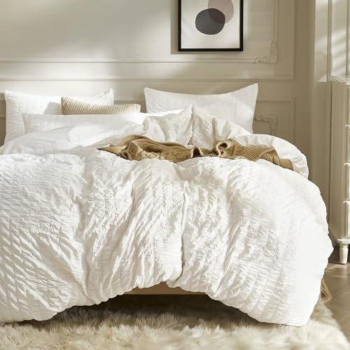JELLYMONI White Duvet Cover Twin XL Size, 3pcs Washed Microfiber Bedding Set, Soft Breathable Seersucker Duvet Cover Set with Zipper Closure and Corner Ties for All Seasons
