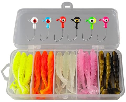 GIONAR 37 Pcs Fishing Lures Set, 30 Soft Plastic Lures, 6 Jig Heads and1 Storage Box, suitable for Different Fishing Environments and Waters