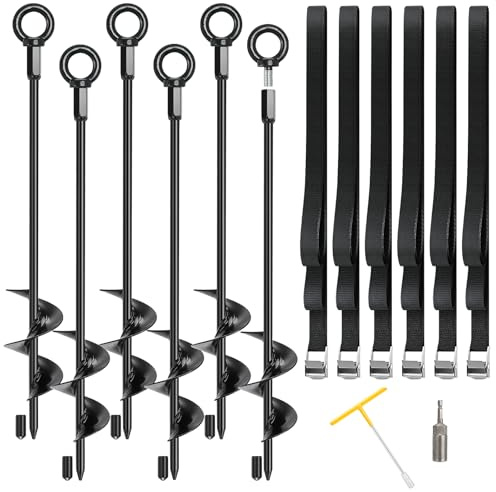 Trampoline Stakes, 6 Pack 18 Trampoline Anchors High Wind Heavy Duty Kit, Ground Anchors Screw in, Earth Stakes with Adjustable Tie Down Straps for Sheds Swing Set Canopy Tent RV Awning Dog Tie Outs