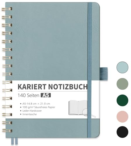 RETTACY Notizbuch A5 kariert, Bullet Journal mit 100 g/m² Dickem Papier, 70 Blatt, Collegeblock für Büro und Schule, Lederhülle, Grau-Blau, 14.8 cm x 21 cm