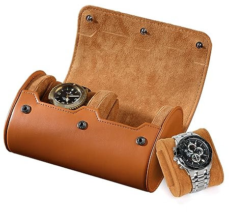 BAIGIO Tragbar Uhrenbox Uhrenrolle mit Uhrenkissen, Travel Watch Box Case, PU-Leder Uhrenaufbewahrung Reise Uhrenkasten Uhrenetui 2 Fächer Uhren Aufbewahrungsbox Uhrenkoffer für Damen Herren, Braun