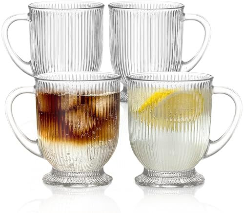 KEMORELA 4-Pack Ribbed Glass Coffee Mugs with Handle, Clear Large Coffee Mug 16 Oz with Handles for Hot Beverages, Durable Tea & Espresso Cups, Stylish Drinkware Set (4)