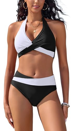 SHEKINI Set De Bikini en Triangle Halter à Encolure en V avec Soutien Push-up Et Culotte Maillot Effilé avec Plis