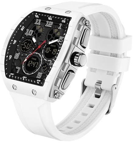 findtime Blanche Montre Militaire Homme Sport Design Unique Cadran Rectangulaire, Affichage Numérique Analogique, Double Fuseau, Chronomètre Étanche 5ATM, Style Punk