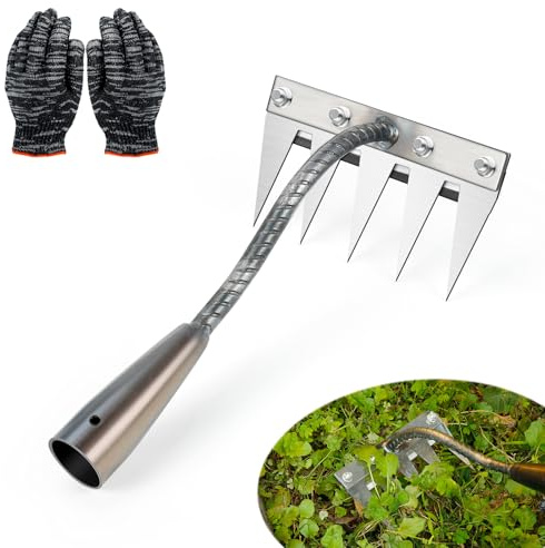 Rateau Jardin, Râteau De Désherbage avec des Gants, Rateau De Jardin en Acier Au Carbone, 5 Teeth Outils De Râteau à Main, Outil Jardinage pour Désherbage Ameublissement du Sol Semis