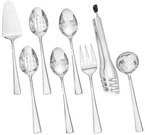 KINGSTONE 8 Piece Serving Utensils Set, 18/10 Stainless Steel Serving Utensils, Slotted Spoon, Serving Spoon, Fork, Tong, Soup Ladle, Cake Server for Buffet, Parties, Kitchen