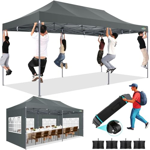 COBIZI 3x6m Pop-up Pavillon Robust mit 6 Seitenwänden, Einfach aufzubauendes Partyzelt für Outdoor-Veranstaltungen, 100% Wasserdichtes, 3-Fach höhenverstellbar mit Transporttasche auf Rädern, Grau