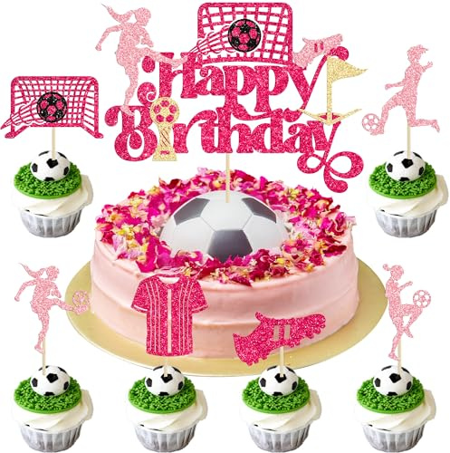 Gyufise 25Pcs Soccer Happy Birthday Cake Topper Decorations - Glitter Soccer Ball Player Cupcake Toppers - Pink
