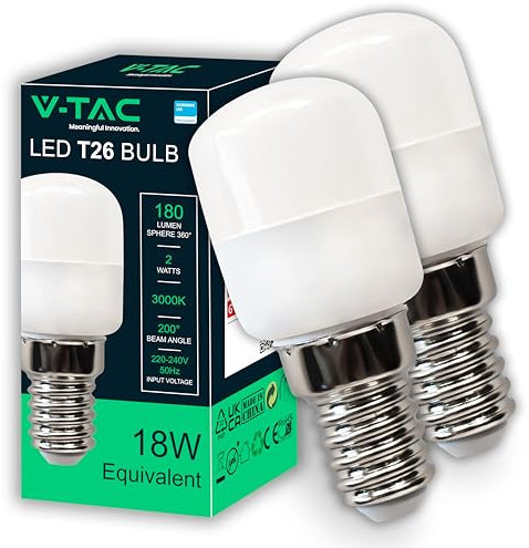 V-TAC 2x Ampoule LED pour Réfrigérateur et Lampes - Culot E14-2W - T26-180 Lumen - Petites Ampoules pour Efficacité Maximale et une économie d'énergie - Blanc Chaud 3000K