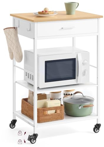 VASAGLE Küchewagen mit Rollen, mobiler Servierwagen mit Stauraum, Kücheninsel, 47 x 60 x 90 cm, Schublade, 2 Haken, für Esszimmer, eichenbeige-mattweiß KKI007Y01