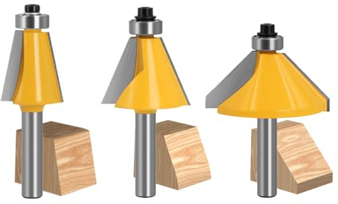 GLRYD 3 Stück Fasenfräser 8mm Schaft - 11.25°+22.5°+45° Grad Hartmetall Fase/Bevel Einfassung Router Bit, Fräser für Oberfräse Holzbearbeitung, Präzise Gehrungen