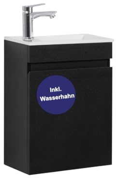 Kometmöbel Gäste-WC Waschtisch Set 40 cm Vormontiert Klein Waschbecken mit Unterschrank (Schwarz 40cm, Mit Wasserhahn Chrom)
