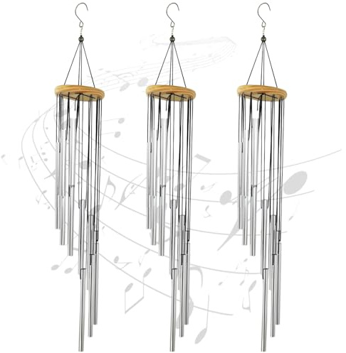 CYEER 3er Set Windspiele für Draußen - 12 Röhren Metall Windspiel mit S-Haken - Wetterfeste Klangspiele für Garten, Balkon & Terrasse - Beruhigende Deko & Gedenkgeschenk - Silber
