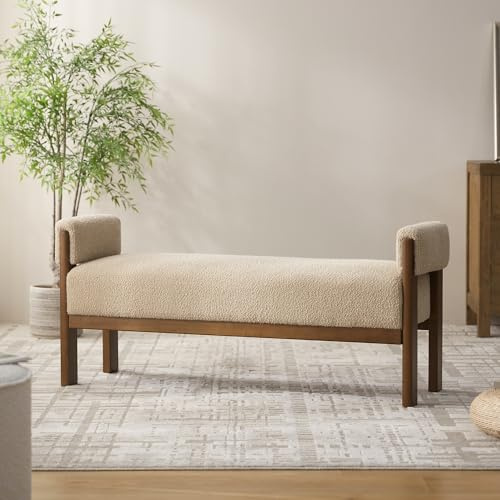 VKNOW End of Bed Bench, 51.8” Modern Upholstered Bedroom Bench Indoor Bench with Arms, Entryway Bench with Solid Wood Frame for Bedroom Living Room, Brown