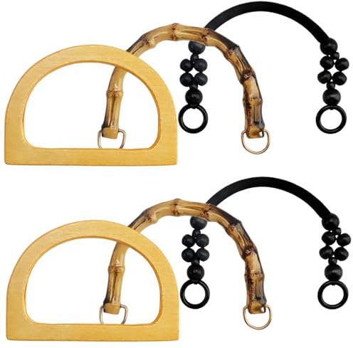 6 Pezzi Manici Bamboo per Borse Uncinetto, Manici Borsa a Forma di D Manico Borsa con Legno Perline Accessori per Borse Fai da te Tote Bag Donna