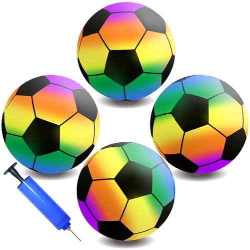JIUHEEDAMAI 4 Stück Regenbogen Ball Kinder, PVC Fussball Kinder und Erwachsene, Aufblasbaren Bälle mit Pumpe, 18~22cm Kinderball Regenbogenball Wasserball, Fußball für Innen und Außen Spielball