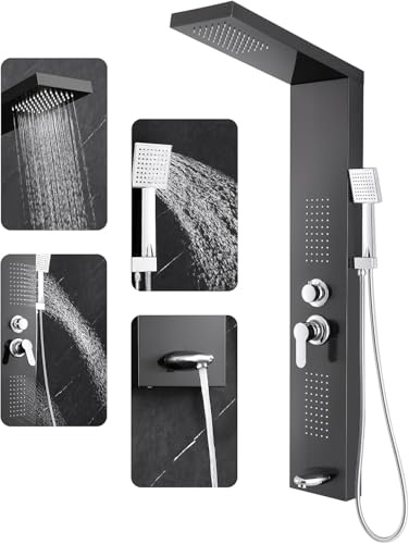 ROVOGO Black Shower Panel Tower System, 4 Modes - Rainfall, Massage Jets, Hand Shower and Bath Spout, Stainless Steel Shower Column, Wall Mounted