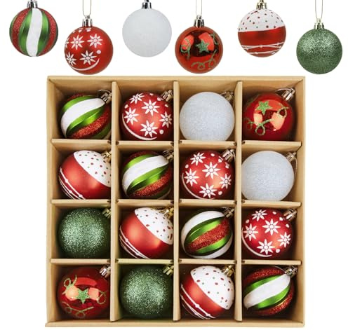 Weihnachtskugeln Rot Grün Weiß 6 Designstile 6cm Christbaumkugeln | Kunststoff Ornament mit Aufhänger, 16 Stück Weihnachtsbaumschmuck Bunt Set, Christbaumschmuck Thema Deko für Innen Aussen
