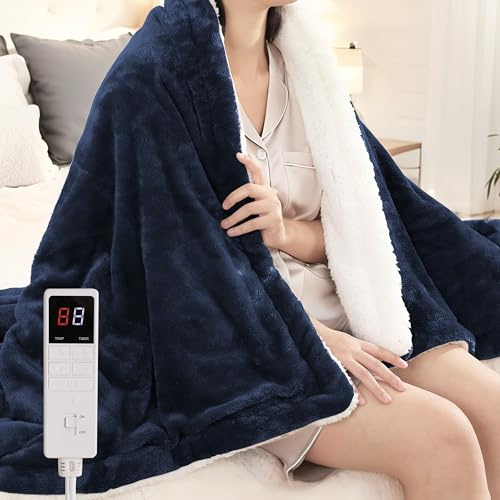Centhermy Electric Heated Blanket Single – Extra Soft Flannel Throw with 9 Heat Settings & 9H Timer, Fast Heating & Overheat Protection, 150x200cm – Navy Blue