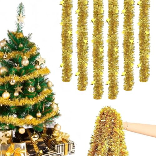 QITHGYD Ghirlanda di orpelli natalizie, 6 pezzi, 12 m, ghirlanda di tinsel dorata, decorazione per albero di Natale, ghirlanda lucida, per matrimoni, vacanze, feste, decorazione (oro)