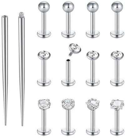 Funseedrr 12 stycken läppstift & labretpinnar med piercingtejp, rostfritt stål och zirkon 16G 6/8/10 mm silver/guld/svart för Helix Tragus Labret öronplugg läpp näsa piercingsmycke