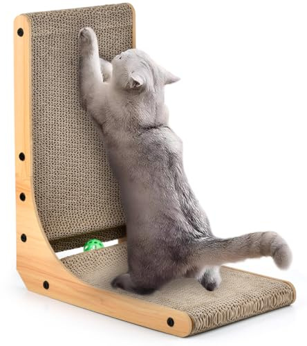 POUMUE Griffoir pour Chat en Forme de L, Griffoirs pour Chats de 47cm de Haut avec Jouets en Balle et Herbe à Chat, Haute Qualité Griffoirs en Carton, Grattoir pour Chats en Carton pour Coin Mural