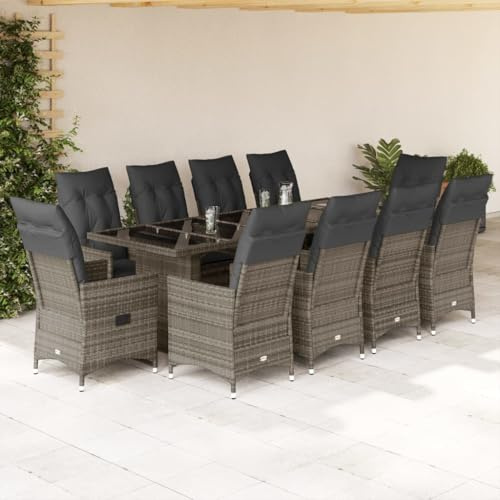 Tonture Ensemble bistro de jardin 11 pièces avec coussins gris en polyrotin - Fauteuil de relaxation réglable - Pour terrasse, balcon, jardin