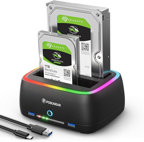 POSUGEAR Festplatten Docking Station, 6Gbps RGB USB 3.0 Festplattengehäuse für 2,5 und 3,5 Zoll SATA HDD/SSD, 2 x 20TB Dual Bay HDD Docking Station unterstützt SD & TF Karte