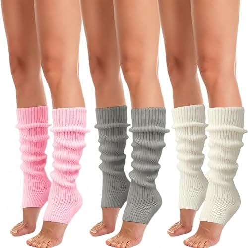 3 Pairs Leg Warmers Ladies, Knitted Leg Warmers 80s for Women Girls, Ribbed Knit Legwarmers Ladies, Long Boot Cuff Ankle Warmer for Ballet Dance Yoga Daily Ice Skating (White grey pink)