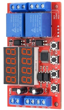 Módulo de relé de retardo de tiempo de 2 canales de 12 V 10 A con 32 modos de trabajo, módulo de temporizador LED ajustable para hogar inteligente