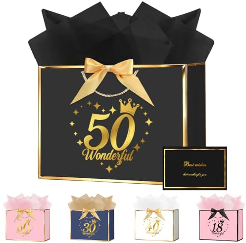 OFFCUP Geschenktüte Geburtstag 50, Schwarz Gold Geschenktasche Goldprägung mit Schleife für Frauen Mädchen, Geschenktaschen mit 3 Seidenpapier und Grußkarte Geschenkpackung Papiertüten