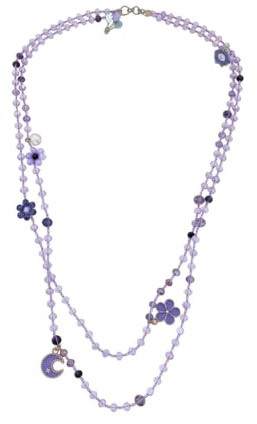 Collana artigianale fatta a mano, lavorata all'uncinetto con filato Lurex lilla, cristalli in vetro rosa e lilla e charms smaltati, chiusura asola con bottone di cristallo - Idea regalo. Pezzo unico.