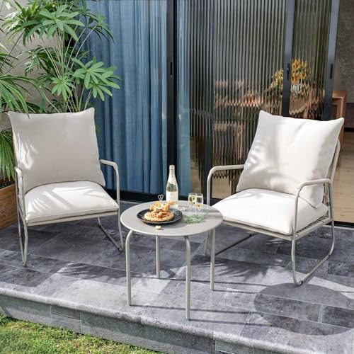 RTDTD 3-teiliges Gartenmöbel-Set, Wetterfeste Außen-Sitzgruppe, handgewebte Rattan-Sessel mit Polsterung und rostfestem Metall-Beistelltisch für Hinterhof, Balkon, Veranda,Beige