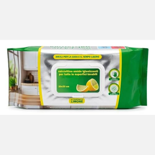 72 Salviette Umide Igienizzanti al Profumo di Limone 20x20 cm per Tutte le Superfici Lavabili Casa Ufficio e Tempo Libero con Azione Antibatterica Rapida in bagno per maniglie tastiere pc telecomandi
