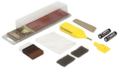 Picobello Reparatur-Set (Mini) | Lackierte Holzoberflächen | Farbset Dunkel mit 4 Hartwachs-Stangen | Für Laminat, Parkett, Möbel & Treppen | Inkl. Batterie-Schmelzer & Zubehör | Made in Germany