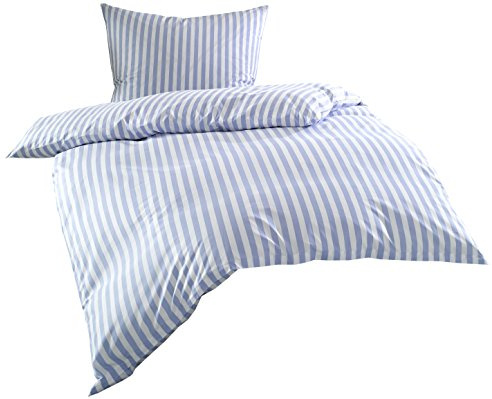 Bettwaesche-mit-Stil Mako Batist/Mako Perkal Landhaus Bettwäsche Streifen Oslo gestreift (135 cm x 200 cm + 80 cm x 80 cm, Blau - Streifen)