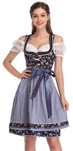 KOJOOIN Femme Robe Dirndl de Bavière Oktoberfest Set Dirndl Blouse et Tablier - Robe Dirndl 3 Pièces Bluse Manches Courtes Bavarois Vêtements Fleur Marine L