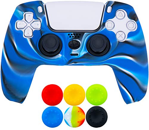 9CDeer 1 x Stück Schutzfolie Silikon Dick Hülle + 6 Thumb Grips für PlayStation 5 / PS5 Controller Tarnung blau