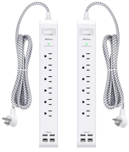 2 Pack Power Strip, 12FT Long Extension Cord, Surge Protector with 6 Outlets and 4 USB Ports (2 USB C), Flat Plug Overload Protection, Extension Cord 10+ ft, Wall Mount for Home Office Dorm College