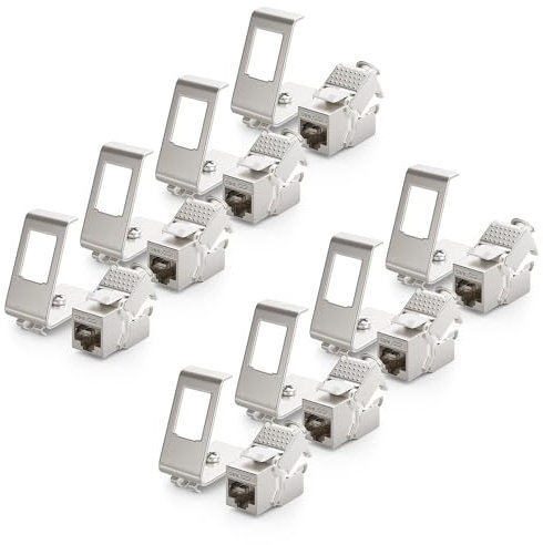 deleyCON 8x CAT6a Keystone Jack Module Avec 8x 1-Port Adaptateur Pour Profilé Chapeau Comme Set Métal STP Blindage RJ45 Femelle 10 Gbit/s Réseau Montage Snap-In Pour Profilés Chapeau 35mm