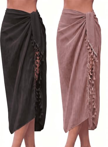 2 Pezzi Batik da Spiaggia Sarong Copricostume da Bagno (Nero, Cachi, XL)