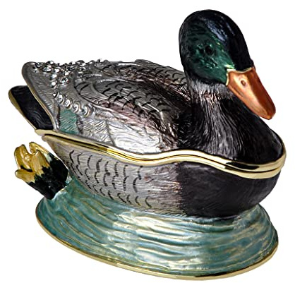 FJ FENGZHIJIE Golden Crystal Enameled Mallard Duck Jewelry Box, Hand-Painted Hinged Bird Trinket Box, Elegant Home Décor & Gift for Bird Lovers