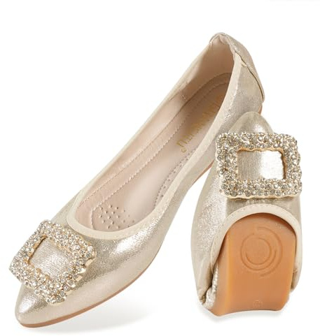 MACHSWON Ballerines plates pour femme avec strass étincelants - Pliables, portables et confortables - Chaussures de marche plates à enfiler, doré, 38 EU
