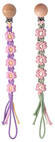 Symbolife Pacifier Clip for Boys Girls Floral Daisy Macrame Paci Clip Pacifier Holder Leash Boho Wooden Clips Handmade Braided Cotton Unisex Baby Shower Birthday Gift
