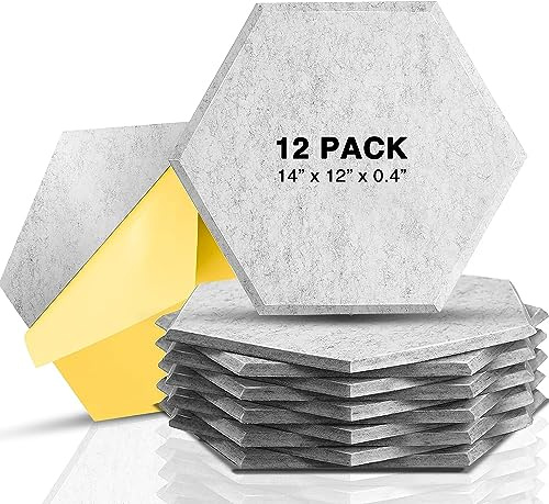 Sonic Acoustics Self-Adhesive 12 Pack Hexagon Acoustic Panels, 14 X 12 X 0.4 High Density Sound Absorbing Panels Sound Proof Insulation Beveled Edge Studio Treatment Tiles (Silver Grey)