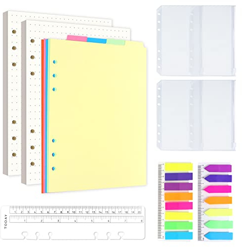 A5 Nachfüllbare Notizpapier Set,2 Packe 6 Löcher A5 Papier Gepunktet | 5 Stücke Farbige Trennblätter 4 Stücke Umschlägbeutel 20CM Lineal