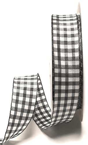 s.dekoda Schleifenband 20m x 25mm Grau Anthrazit - Weiß Karoband kariert Vichykaro Dekoband mit Draht [3850]