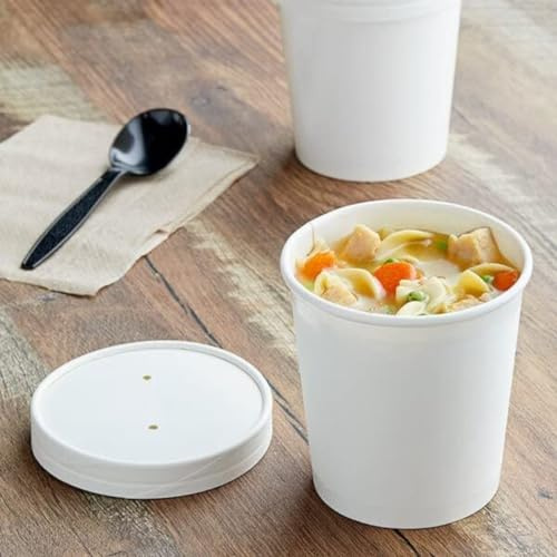 HOT BARGAINS Recipientes desechables de papel kraft blanco con tapas de cuencos de sopa de papel, tamaño de 16 onzas, recipientes para helado, postres y delicatessen (16 onzas, 25 unidades)