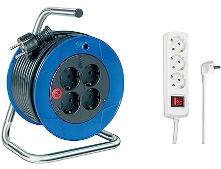 Brennenstuhl Garant Kompakt Kabeltrommel/Indoor-Kabeltrommel mit 4 Steckdosen & Hama Steckdosenleiste 3-fach (Blau, 15m Kabel, 45° Steckdosen, 3500W, GS geprüft)
